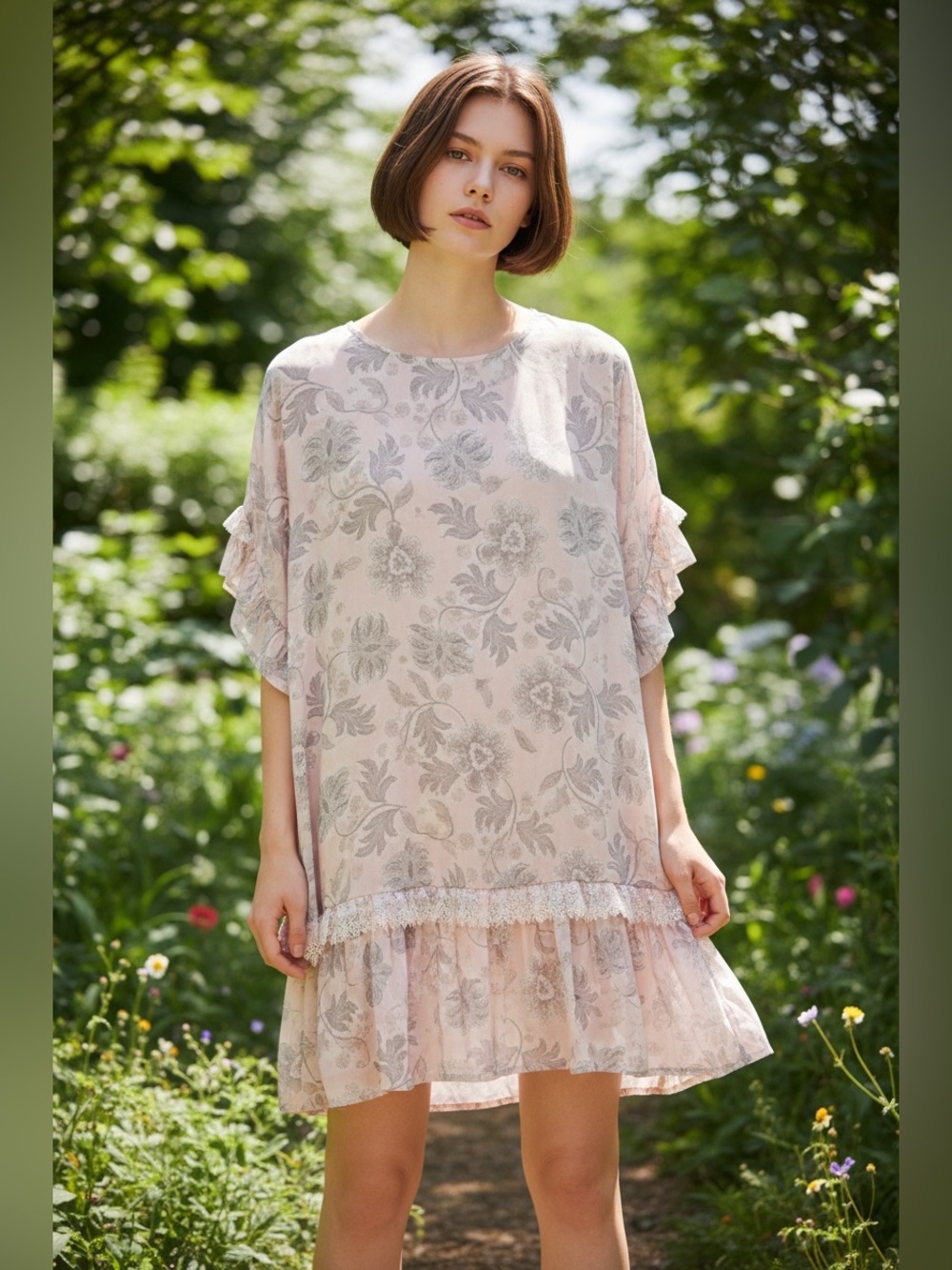 LOFT Pink Paisley Ruffled Sleeves Lace Trim Tie Back Tunic Dress Size L